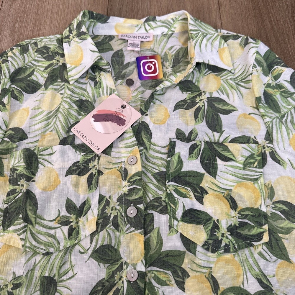 Carolyn‎ Taylor Women's Puff Short Sleeve Button Shirt Lemons Pockets Large NEW